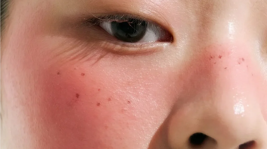 Woman with a lot of makeup blush on her face
