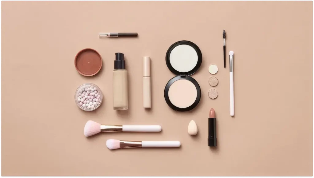 Makeup set lined up on table