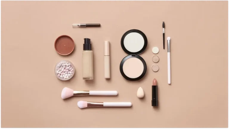 Makeup set lined up on table